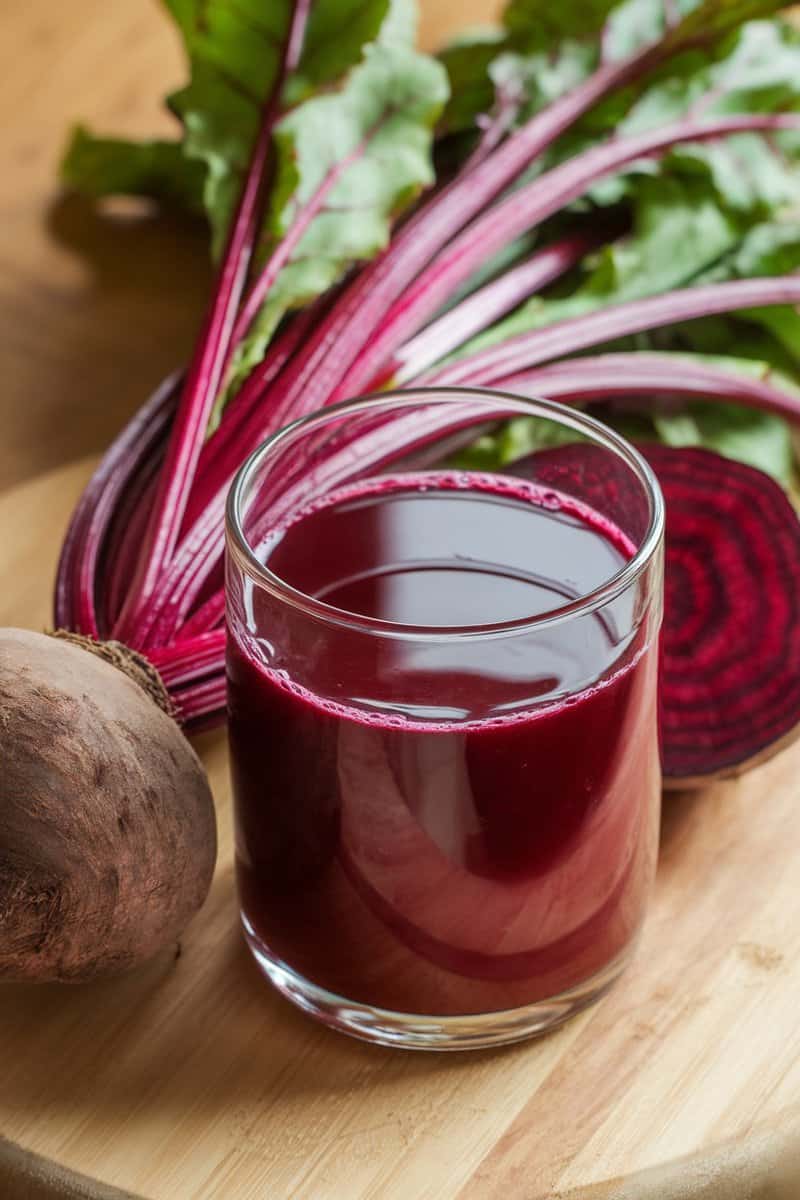 A glass of beetroot juice next to fresh beetroots and beet greens.