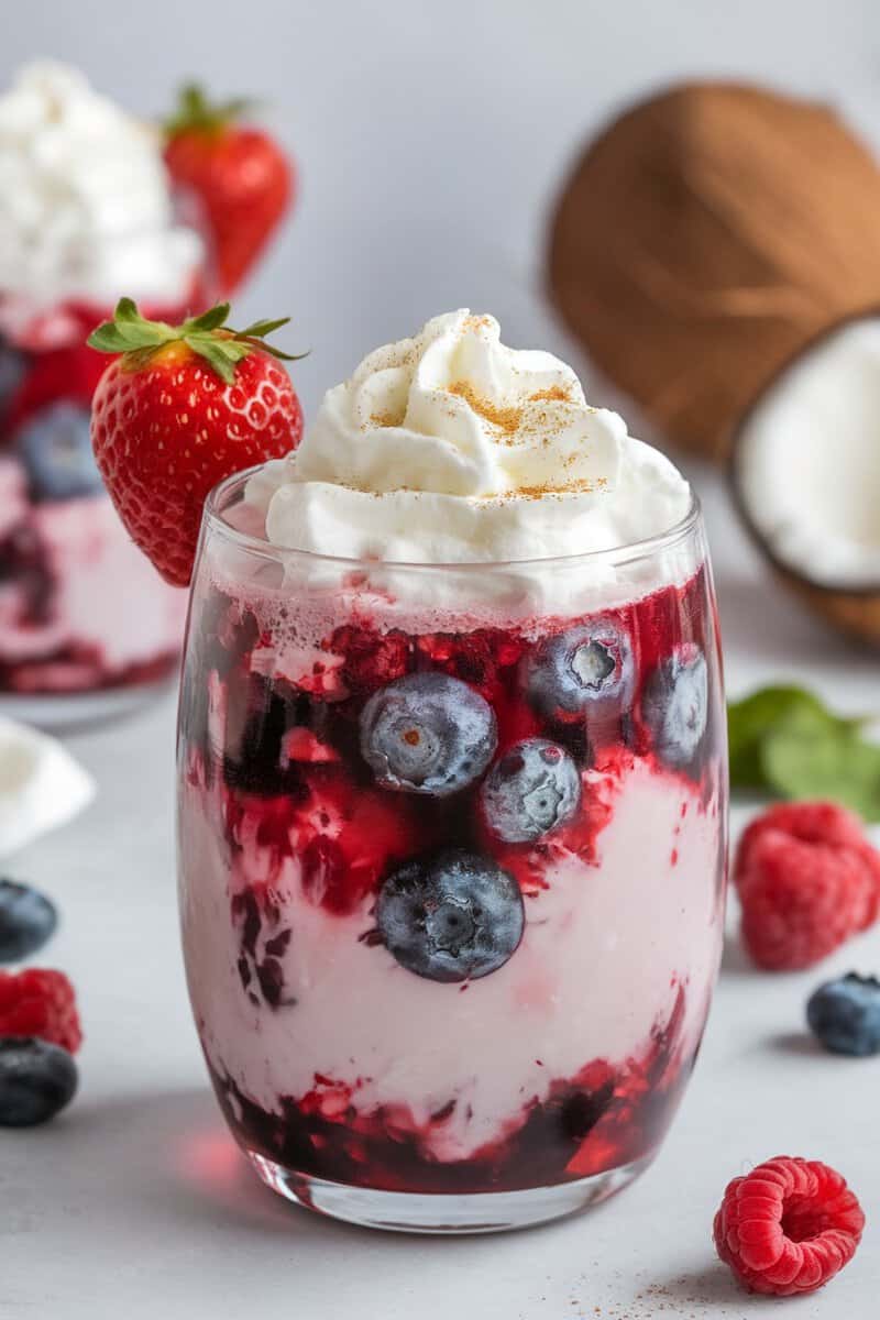 A refreshing berry smoothie with blueberries, strawberries, and raspberries topped with whipped cream.