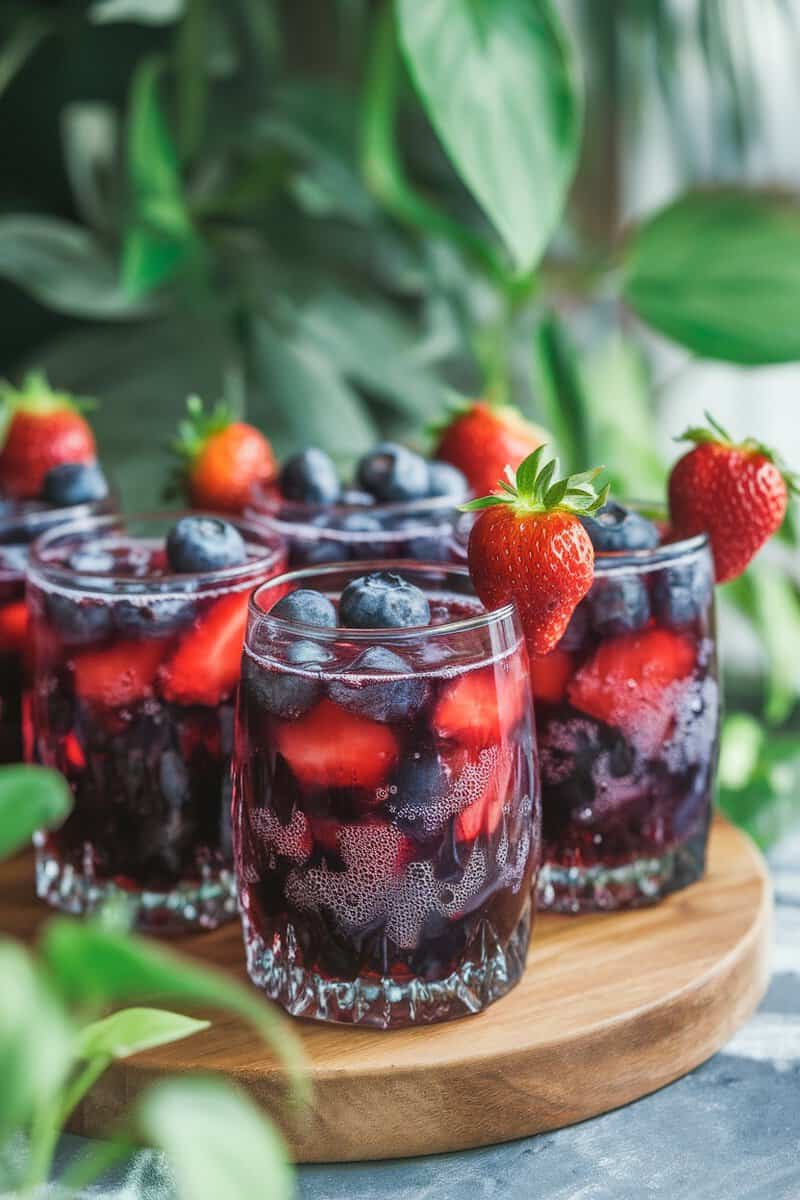 Colorful berry punch served in glasses with fresh fruits and mint garnish