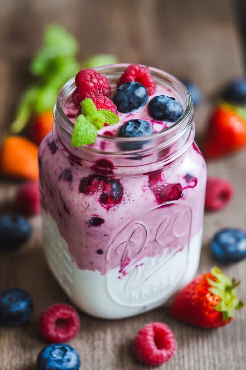 A vibrant berry smoothie in a glass jar topped with fresh blueberries and raspberries.