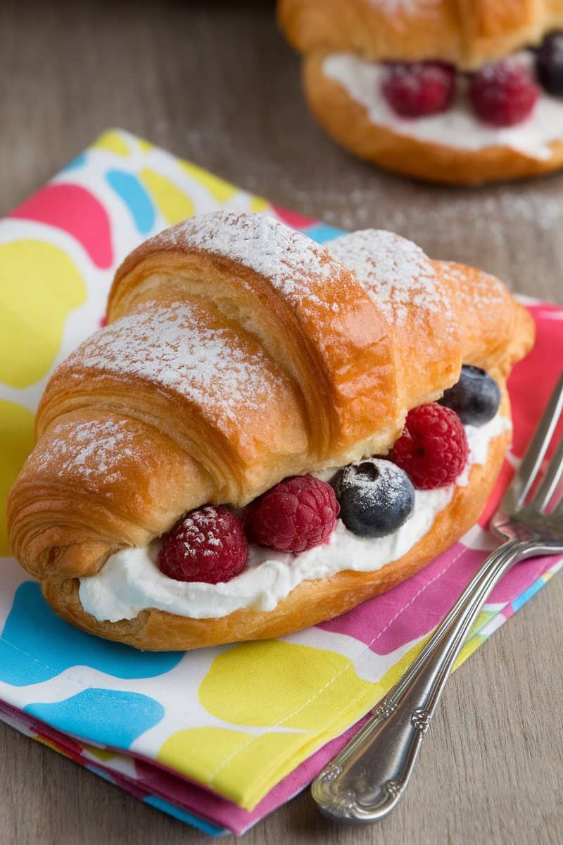 A berry cream cheese filled croissant with mixed berries on a colorful napkin.