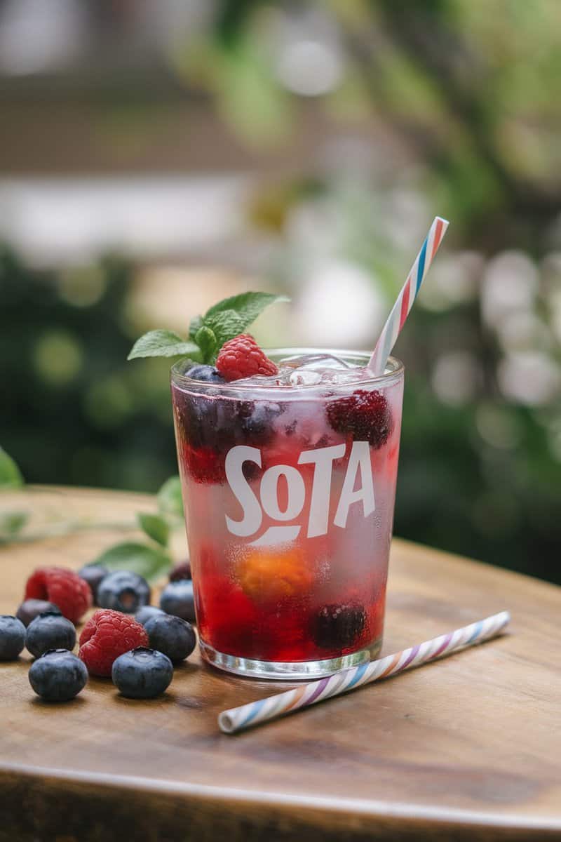 A colorful berry mocktail in a glass, garnished with fresh mint and surrounded by berries.