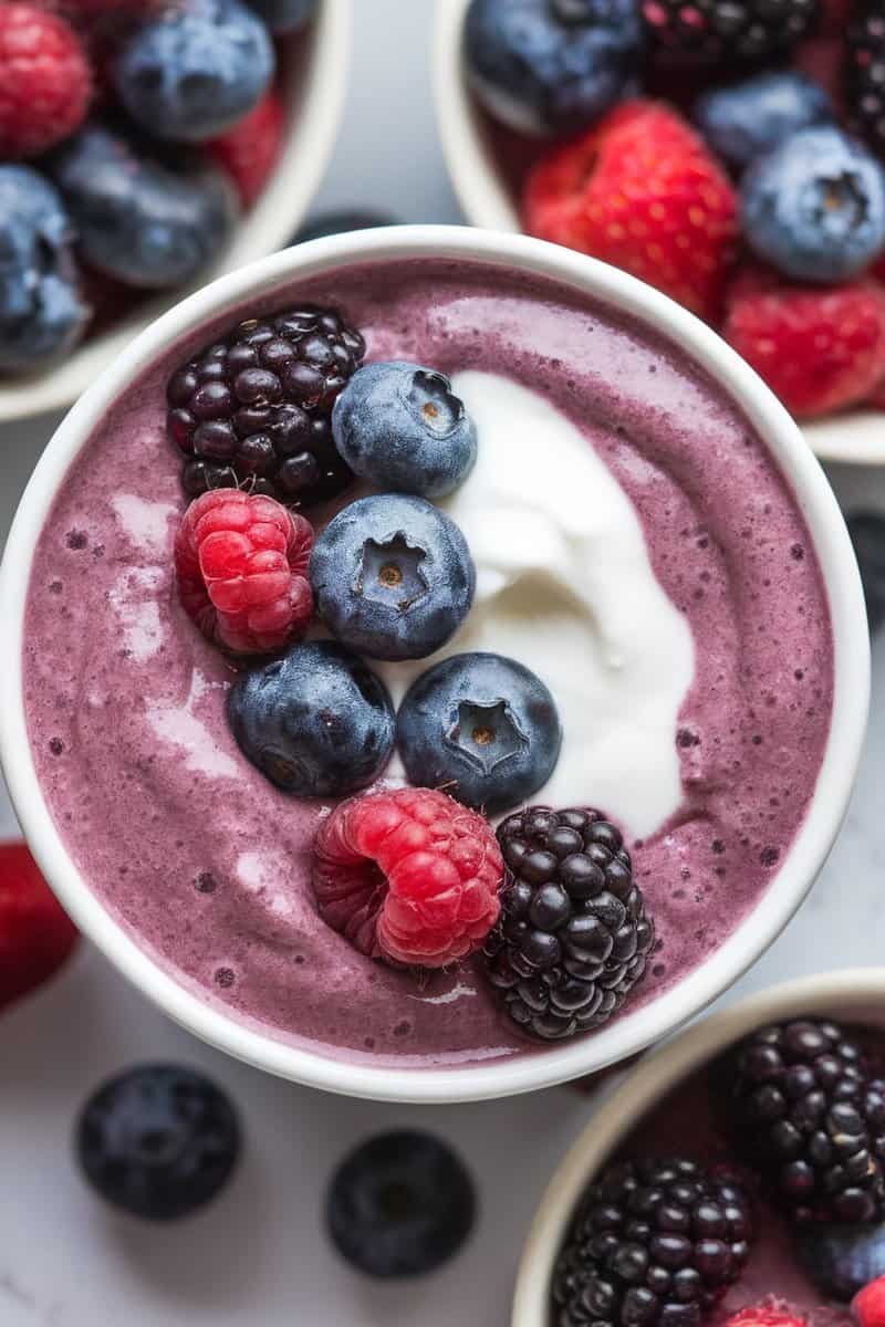 A delicious-looking berry smoothie topped with fresh berries.