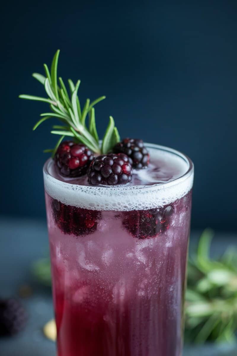 A refreshing blackberry rosemary fizz cocktail in a tall glass garnished with fresh blackberries and rosemary.