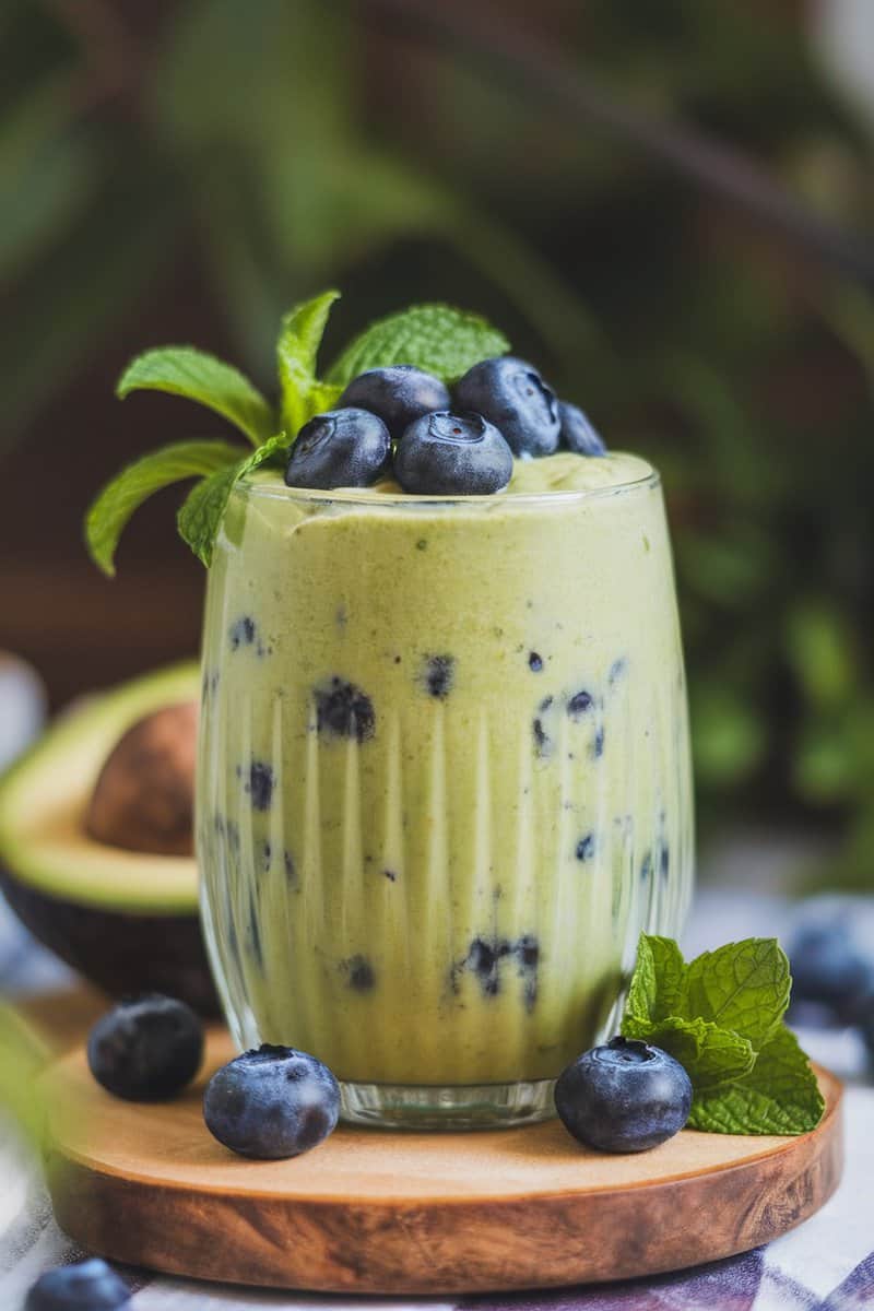 A refreshing blueberry and avocado smoothie in a glass, garnished with mint and blueberries.