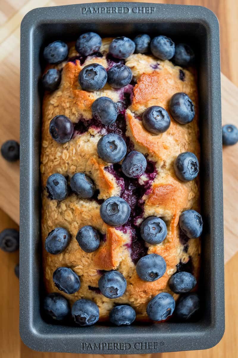 Blueberry Oatmeal Bread in a Pampered Chef stone loaf pan