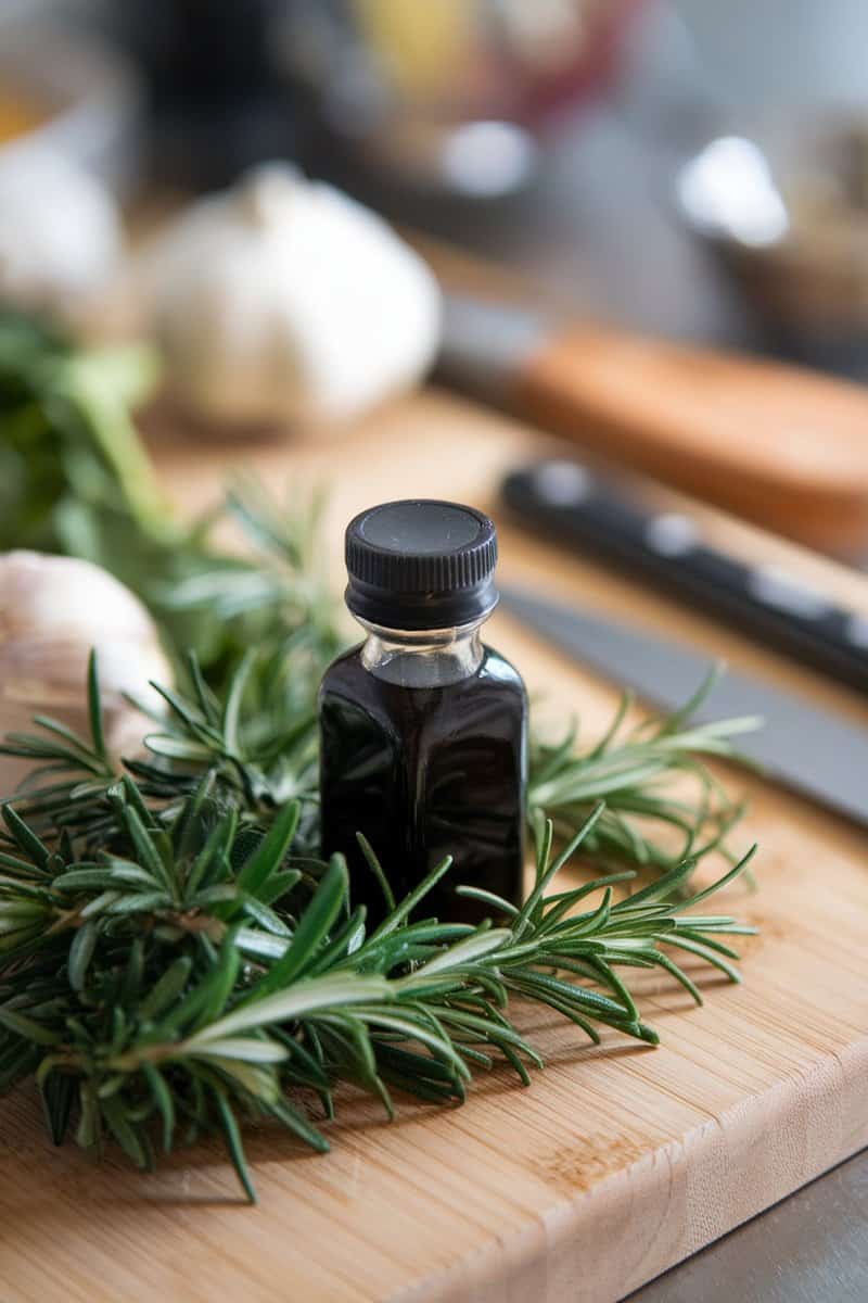 Bottle of balsamic vinegar with garlic and rosemary on a cutting board