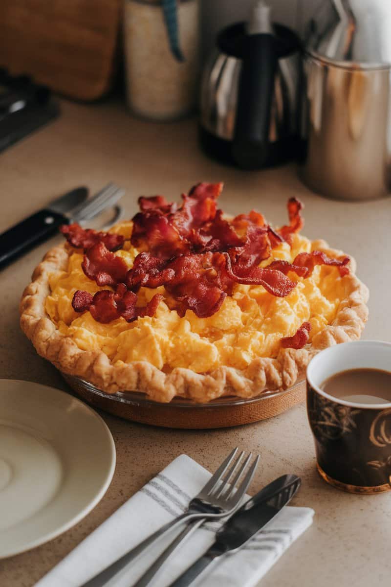 A breakfast pudgy pie filled with scrambled eggs and bacon.