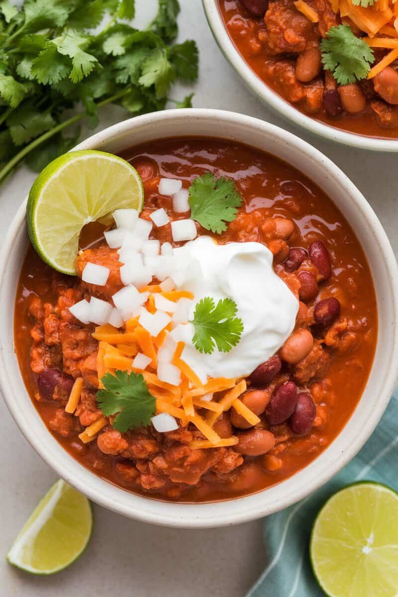 A bowl of breakfast sausage and bean chili topped with cheese, onions, cilantro, and a lime wedge.