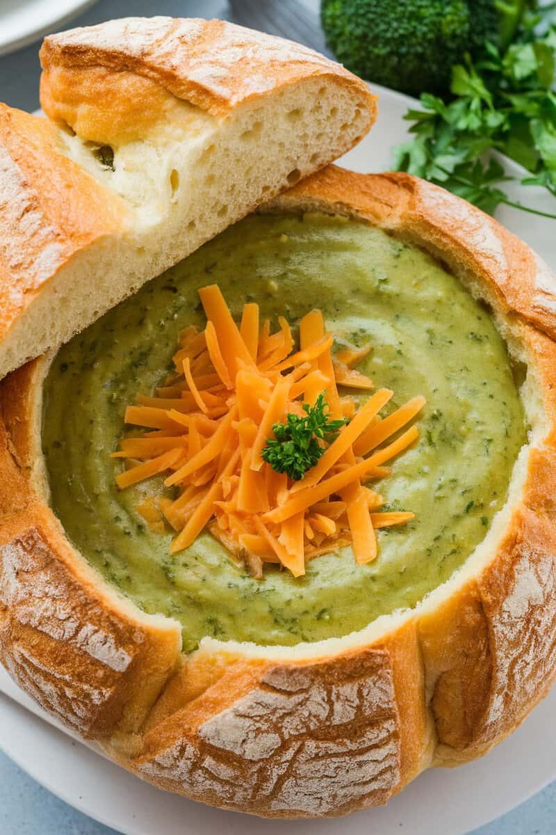 Broccoli cheddar soup served in a bread bowl with cheddar cheese and parsley on top.