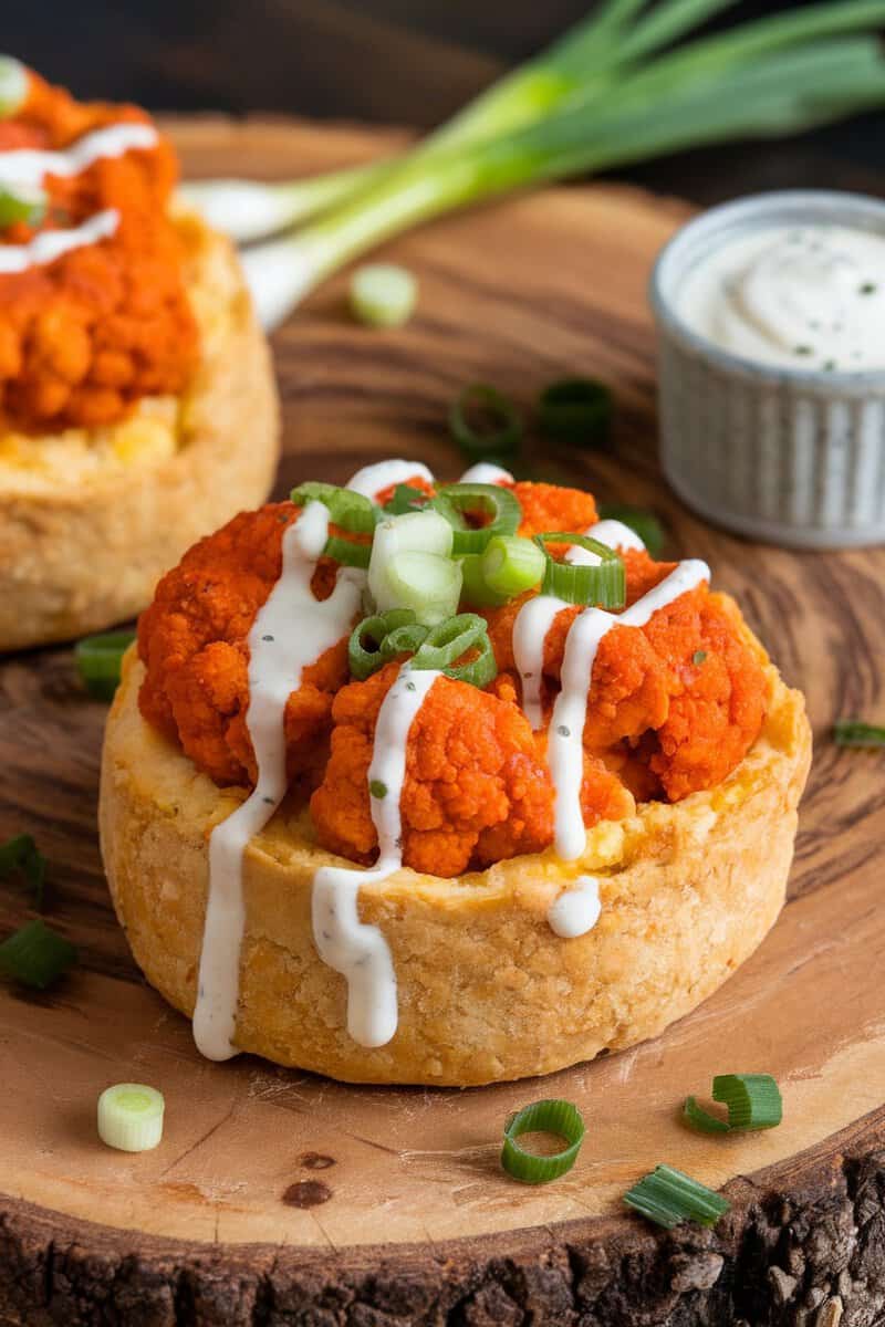 Buffalo Cauliflower Pudgy Pie with ranch dressing and green onions