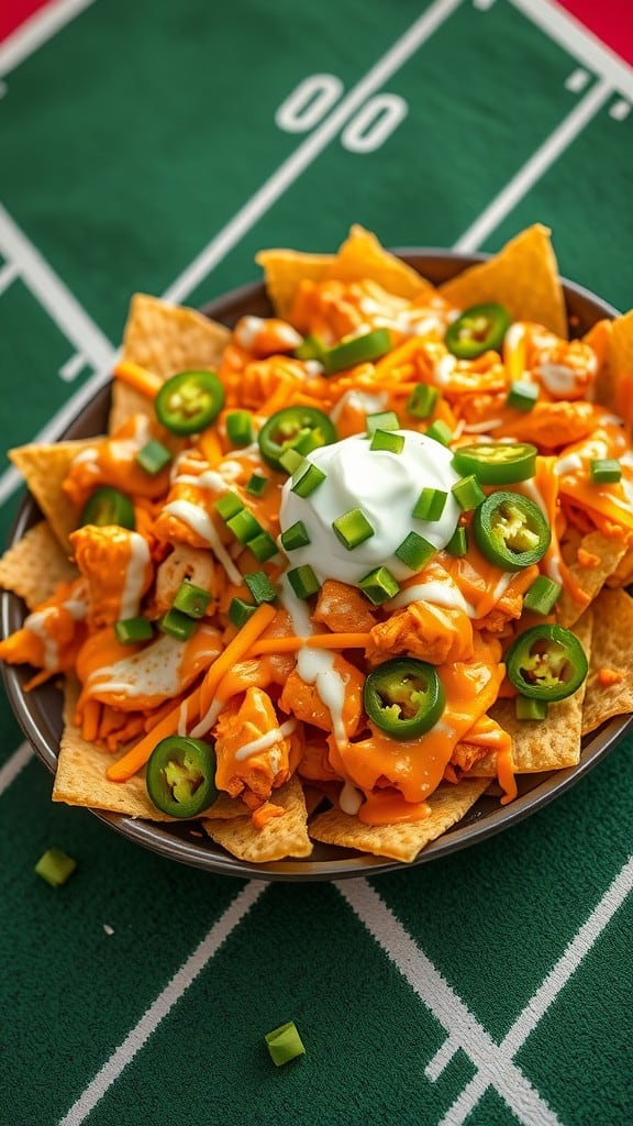 Buffalo Chicken Nachos with melted cheese, jalapeños, and green onions served on a plate.