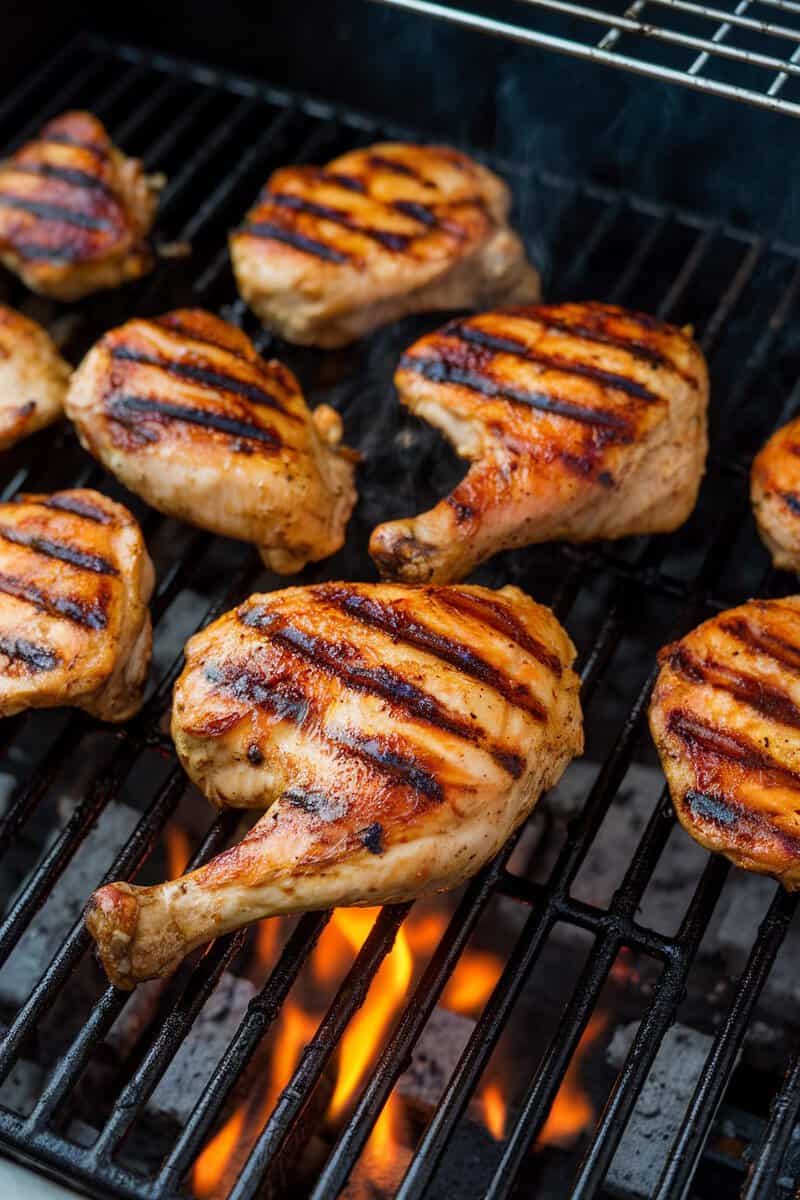 Grilled chicken pieces with grill marks on a barbecue