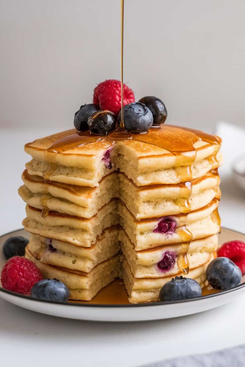 Fluffy buttermilk pancakes stacked high with berries and maple syrup drizzling down