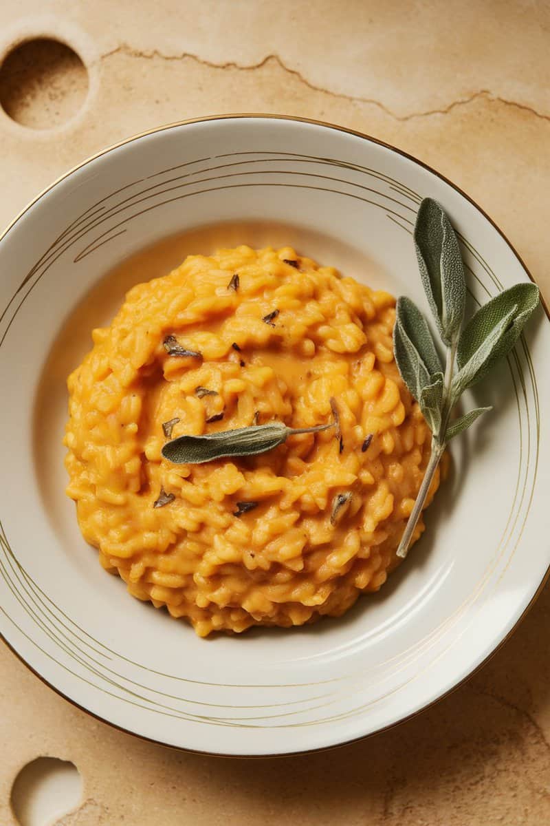 A creamy butternut squash and sage risotto served on a decorative plate.