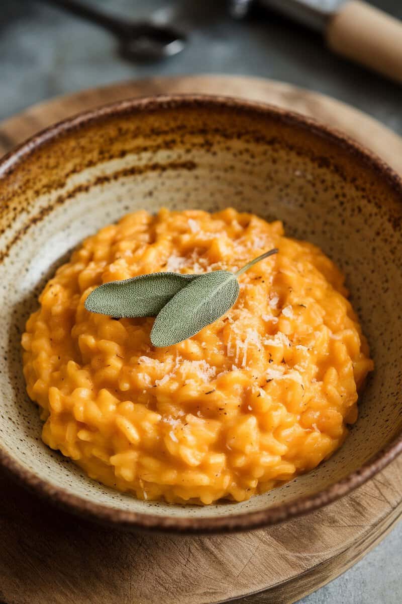 A bowl of creamy butternut squash and sage risotto garnished with sage leaves.