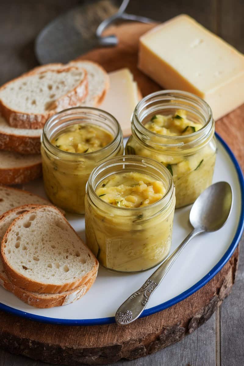 Canned lemon cucumber chutney in jars with slices of bread