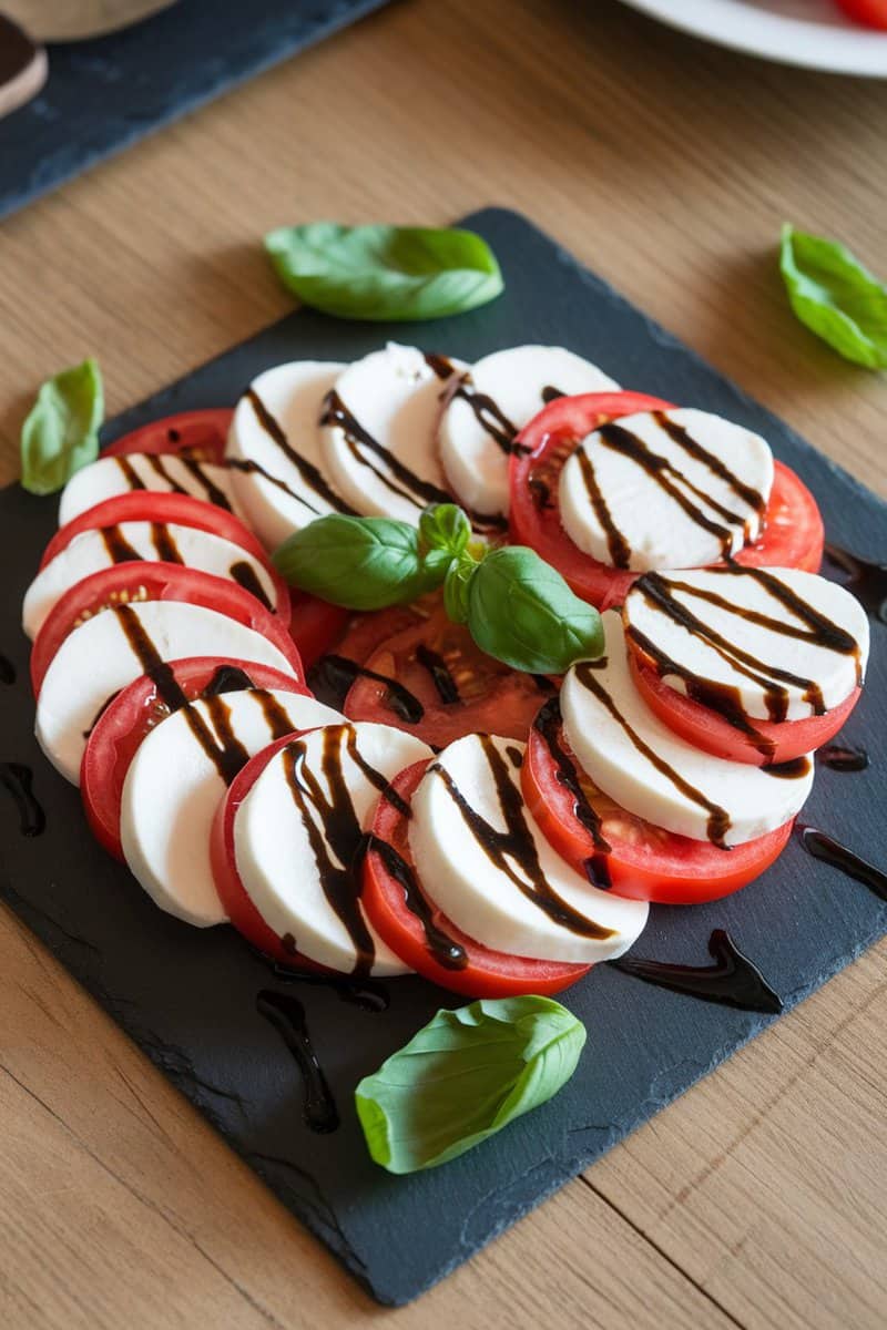 A beautifully arranged Caprese salad with tomato, mozzarella, and balsamic glaze on a slate plate.