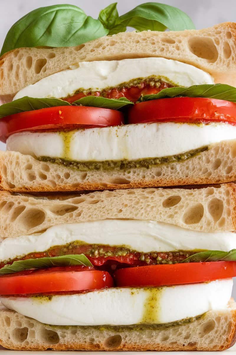 A Caprese sandwich featuring fresh mozzarella, tomatoes, and basil on ciabatta bread.