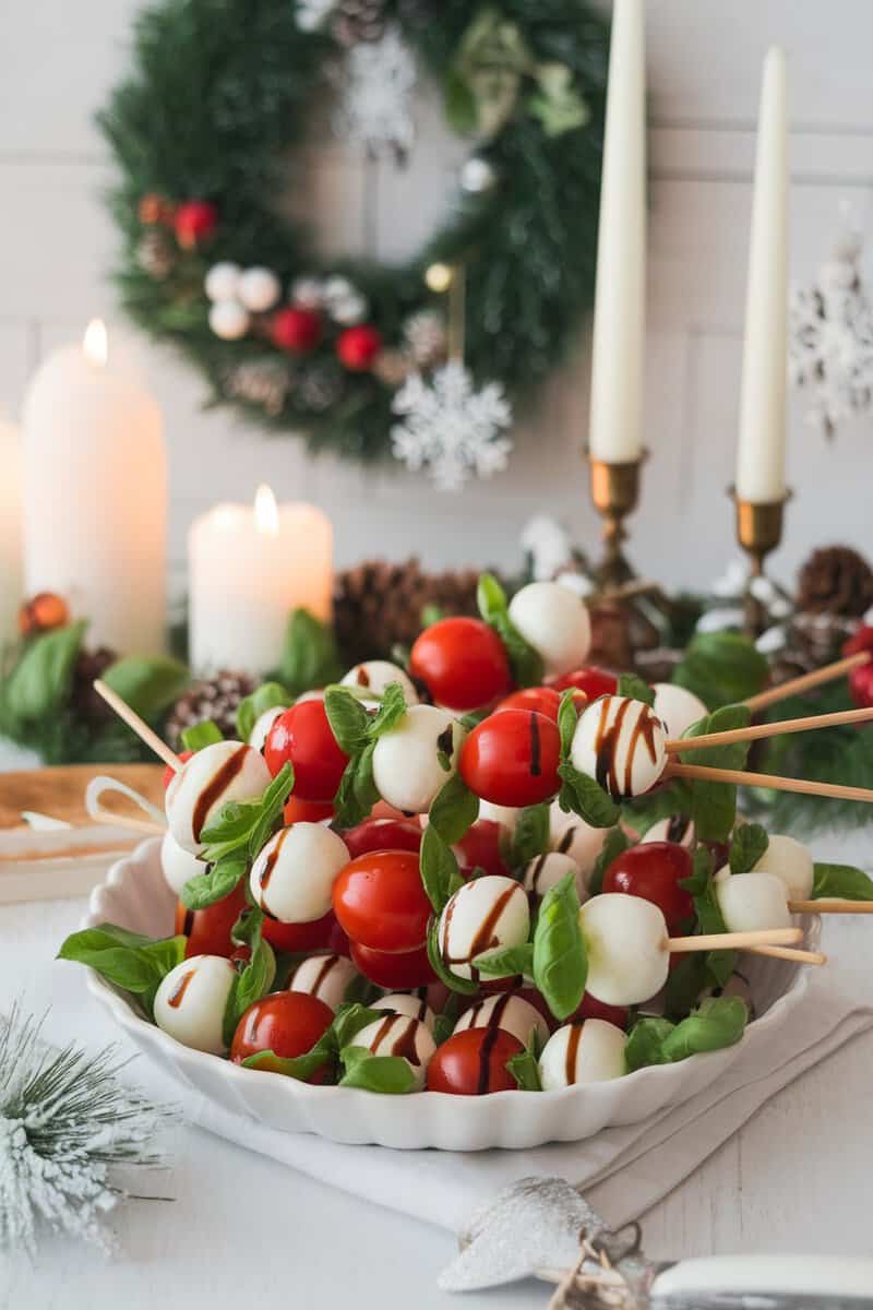 Caprese skewers with cherry tomatoes, mozzarella, and basil drizzled with balsamic glaze