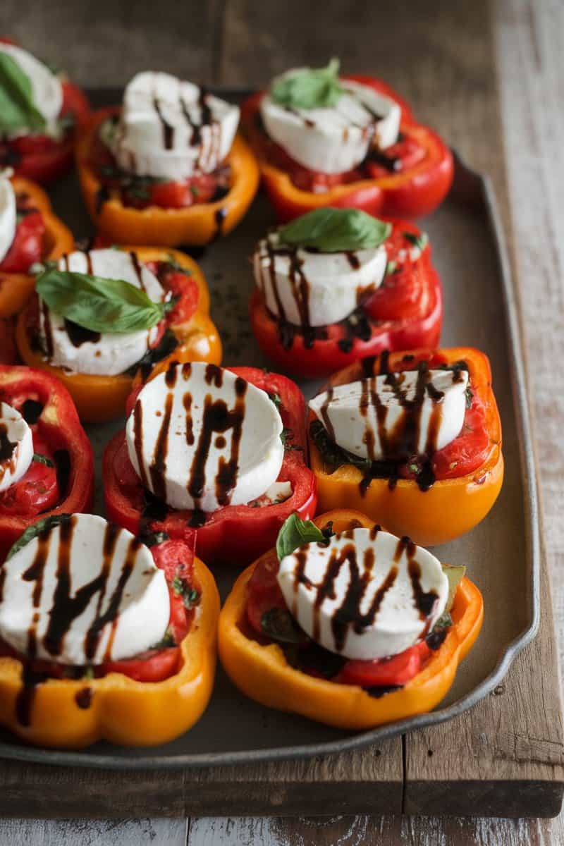 Colorful bell peppers stuffed with tomatoes, mozzarella, and basil, drizzled with balsamic glaze.