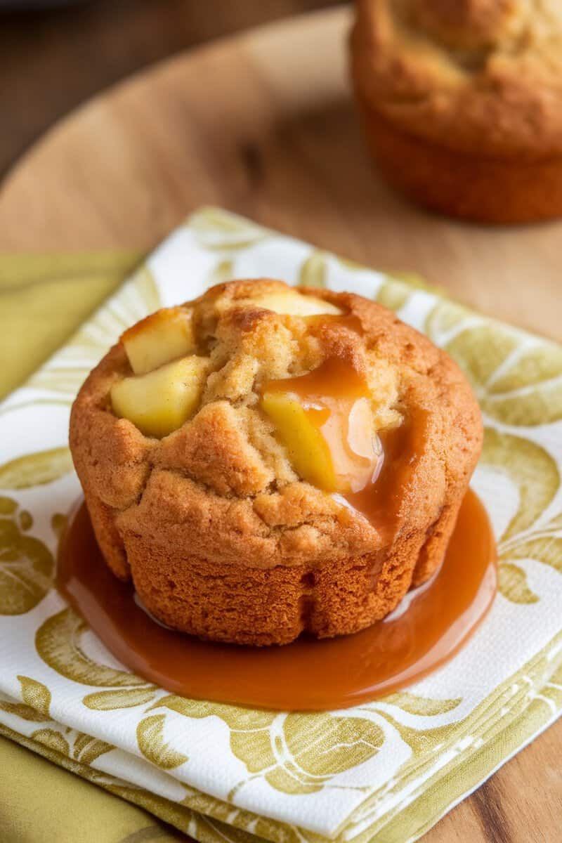 Delicious caramel-stuffed apple muffin with caramel drizzle