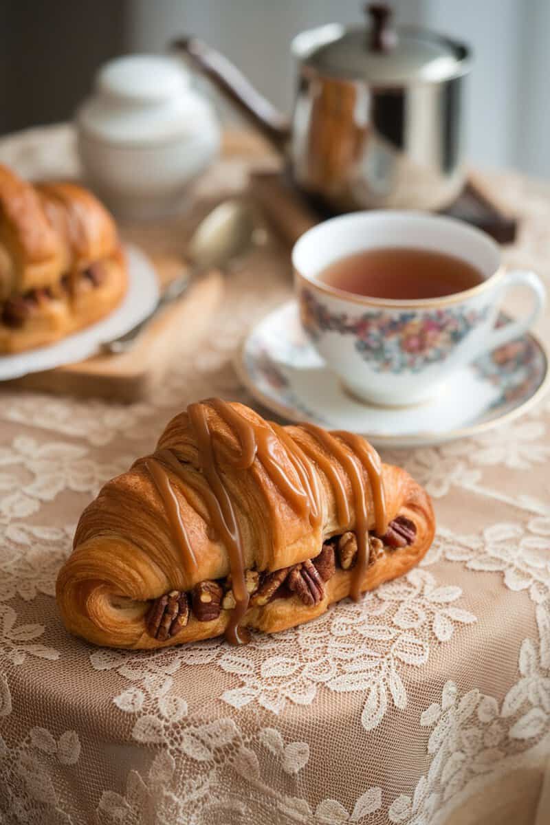 Caramel pecan stuffed croissant with a drizzle of caramel sauce