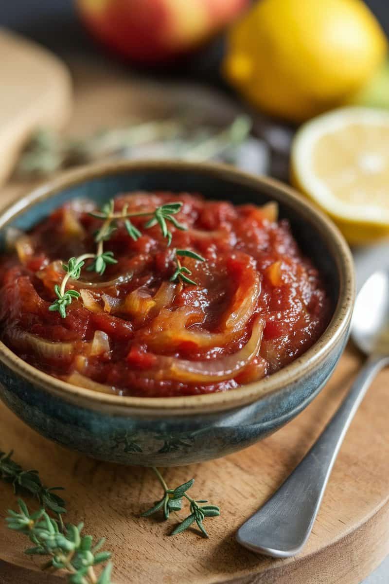 Bowl of caramelized onion and tomato chutney garnished with thyme.