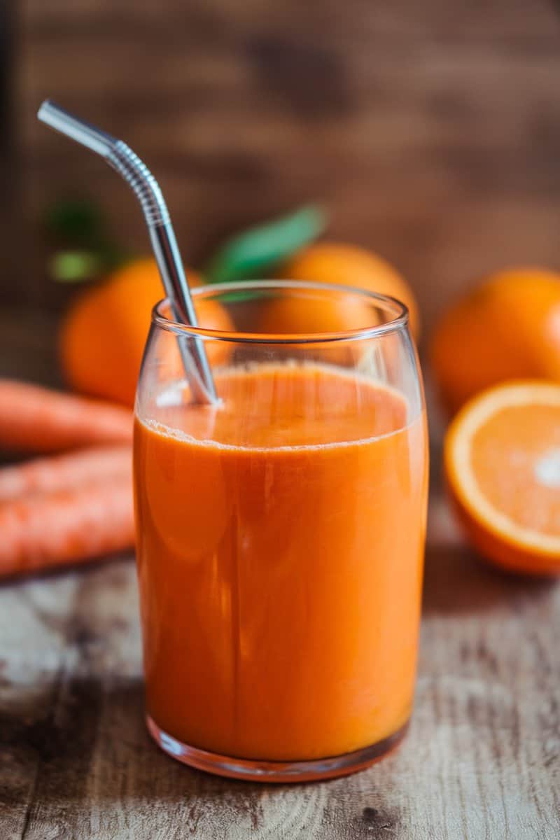 A glass of vibrant carrot and orange juice with a straw, surrounded by fresh oranges and carrots.