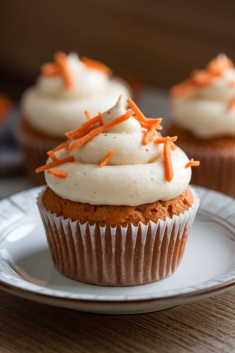 Carrot cake cupcakes with cream cheese frosting and carrot shavings on top.