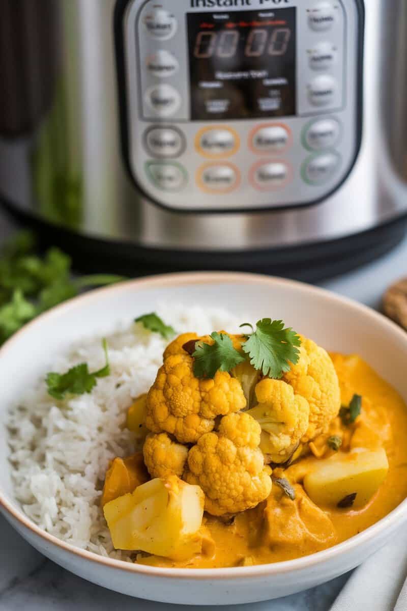 A bowl of cauliflower and potato curry served with rice