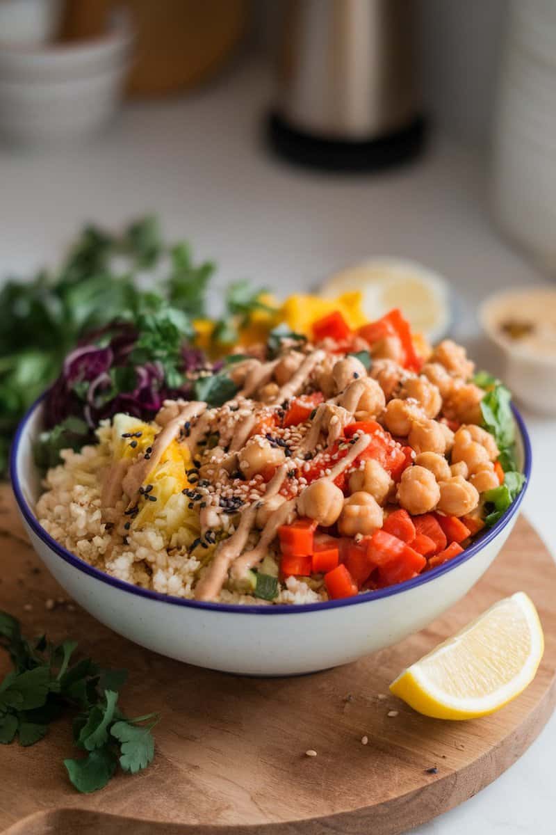 A colorful bowl filled with cauliflower rice, chickpeas, diced bell peppers, shredded purple cabbage, spinach, pineapple, and drizzled with tahini sauce.