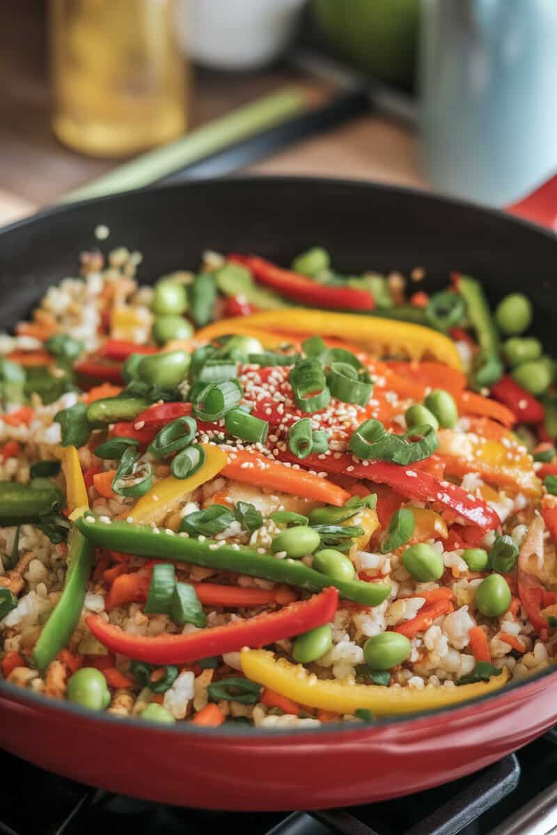 A colorful Cauliflower Rice Stir-Fry with bell peppers, carrots, and edamame in a skillet.