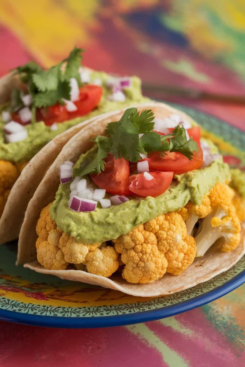 Delicious cauliflower tacos topped with avocado cream, tomatoes, red onion, and cilantro