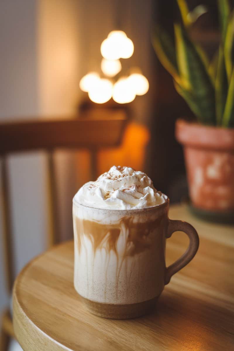 A cozy chai tea latte topped with whipped cream and spices, served in a warm setting.