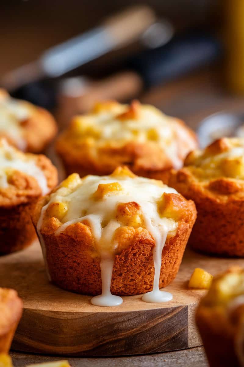 Cheddar apple muffins with a creamy glaze on a wooden board.