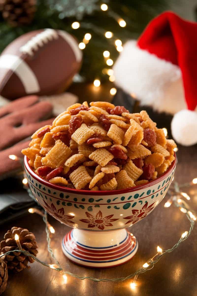 A bowl of Cheddar Bacon Ranch Chex Mix surrounded by festive decor.