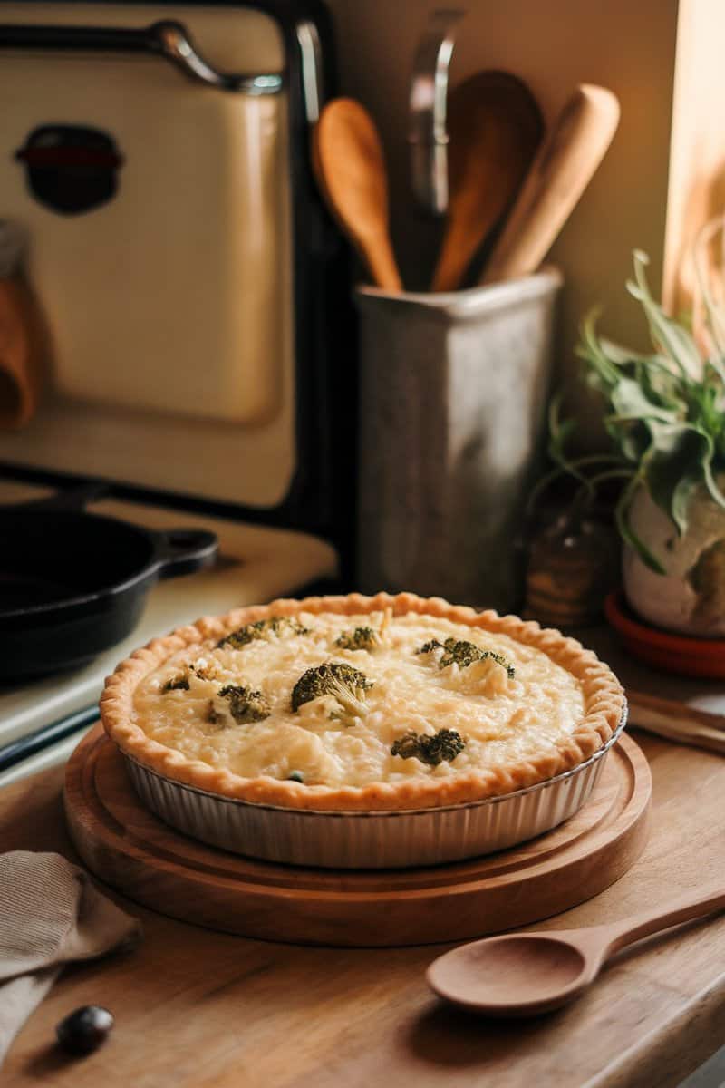 A cheesy broccoli and rice pudgy pie on a wooden table next to a stove.