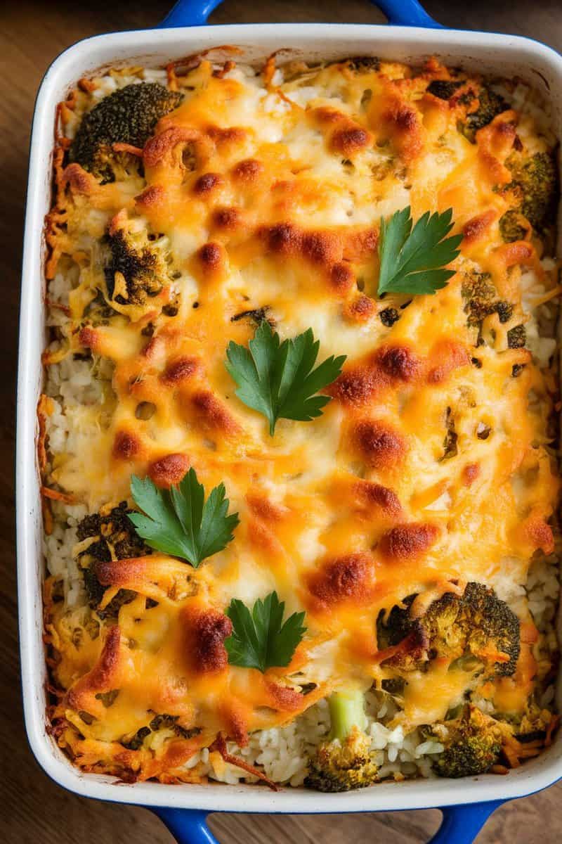 A delicious cheesy broccoli rice casserole with melted cheese on top, garnished with parsley.