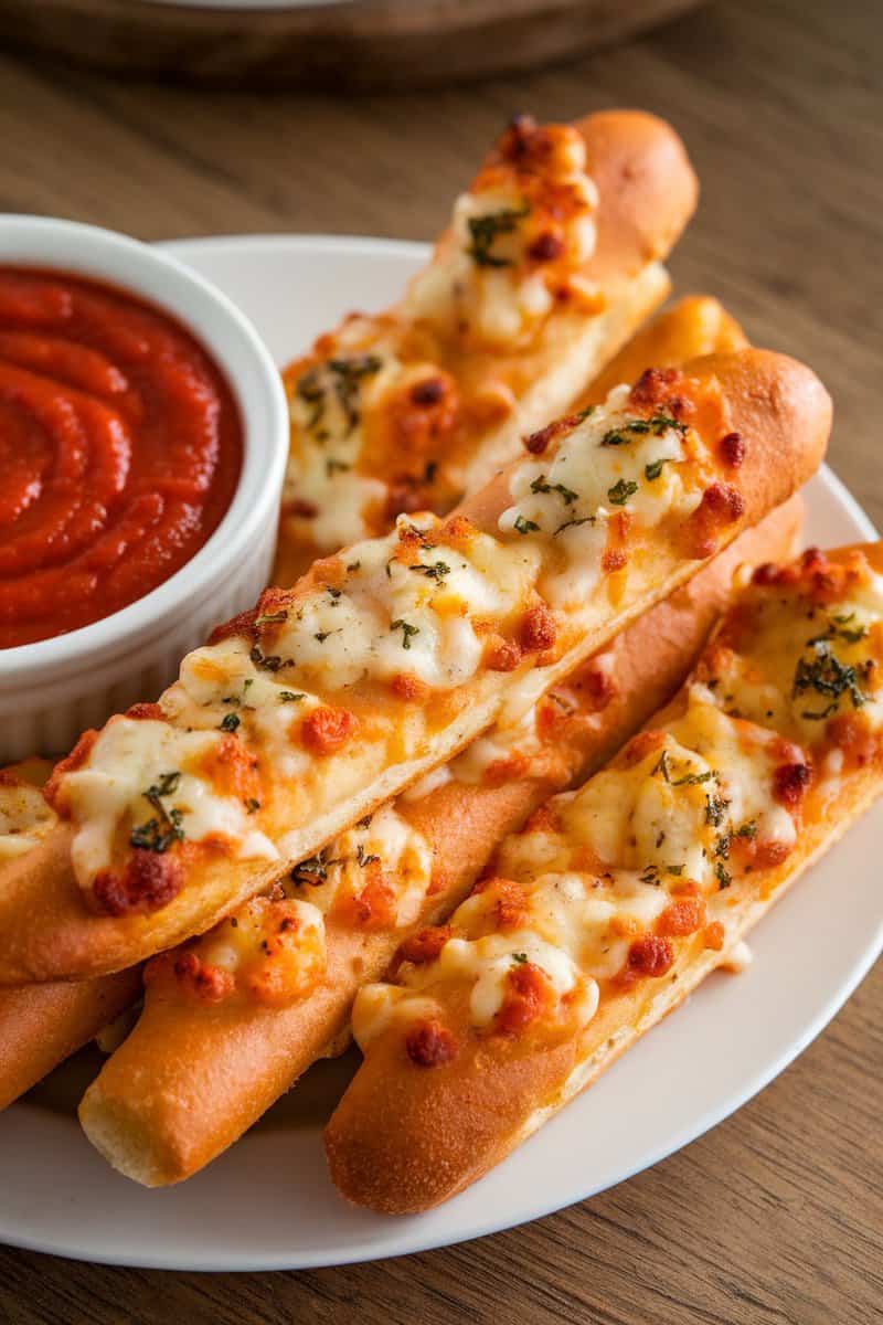 Cheesy garlic breadsticks served with marinara sauce