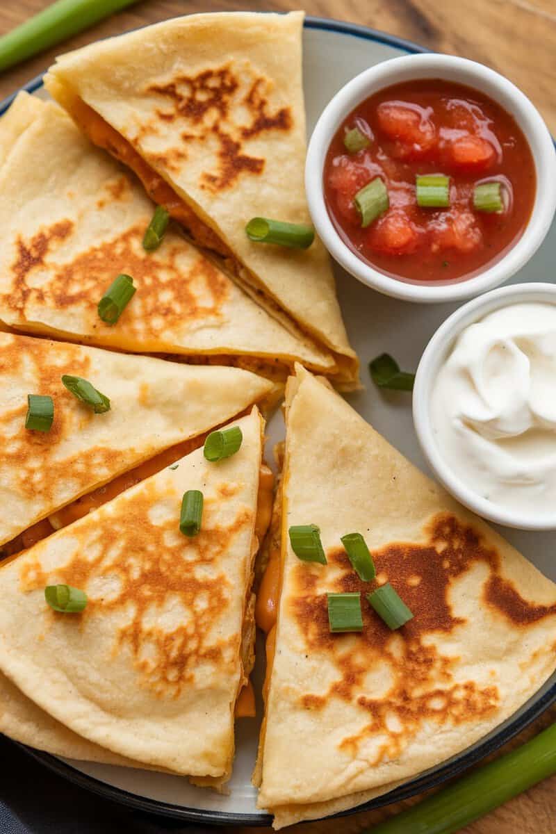 Close-up of cheesy quesadillas served with salsa and sour cream on the side