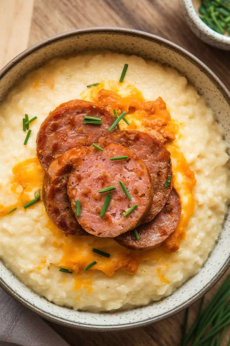 Bowl of cheesy grits topped with sausage and chives