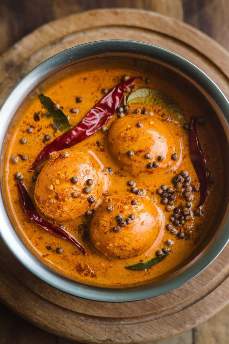 A bowl of Chettinad Egg Curry with boiled eggs in a spicy orange gravy, garnished with spices and herbs.