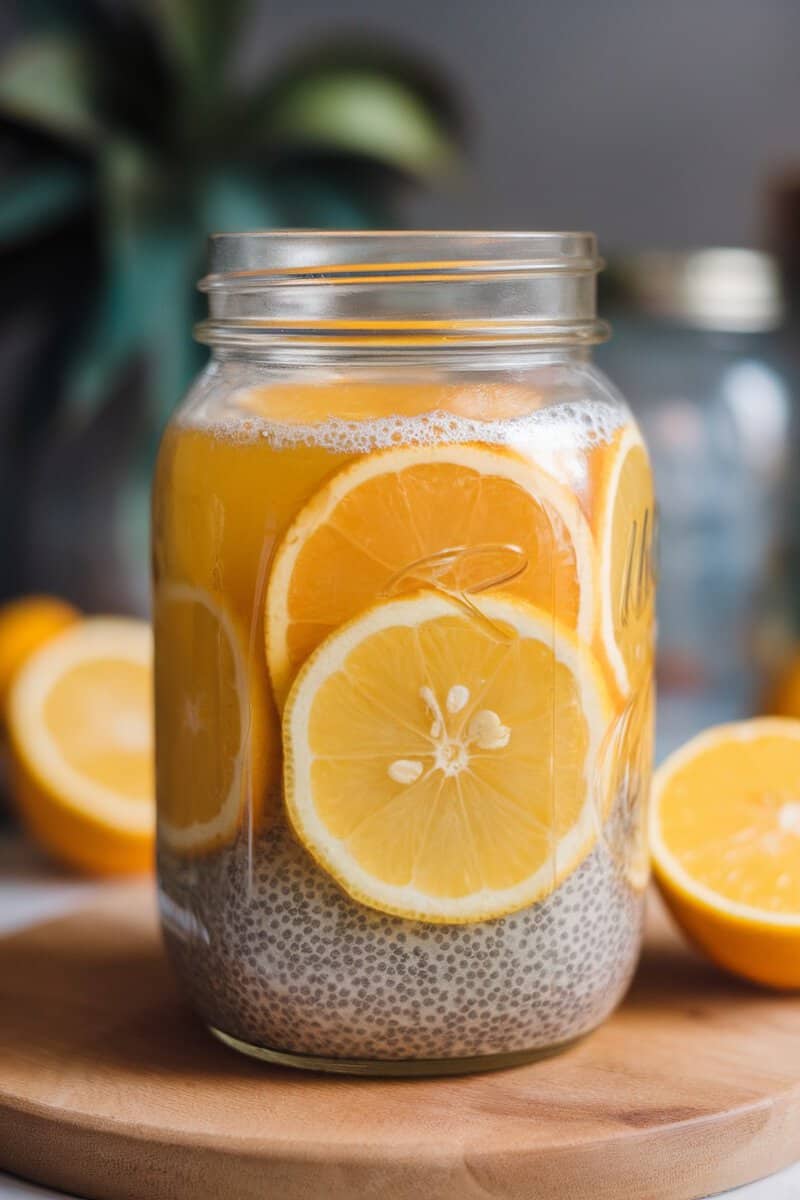 A refreshing drink made with chia seeds and citrus slices in a mason jar.