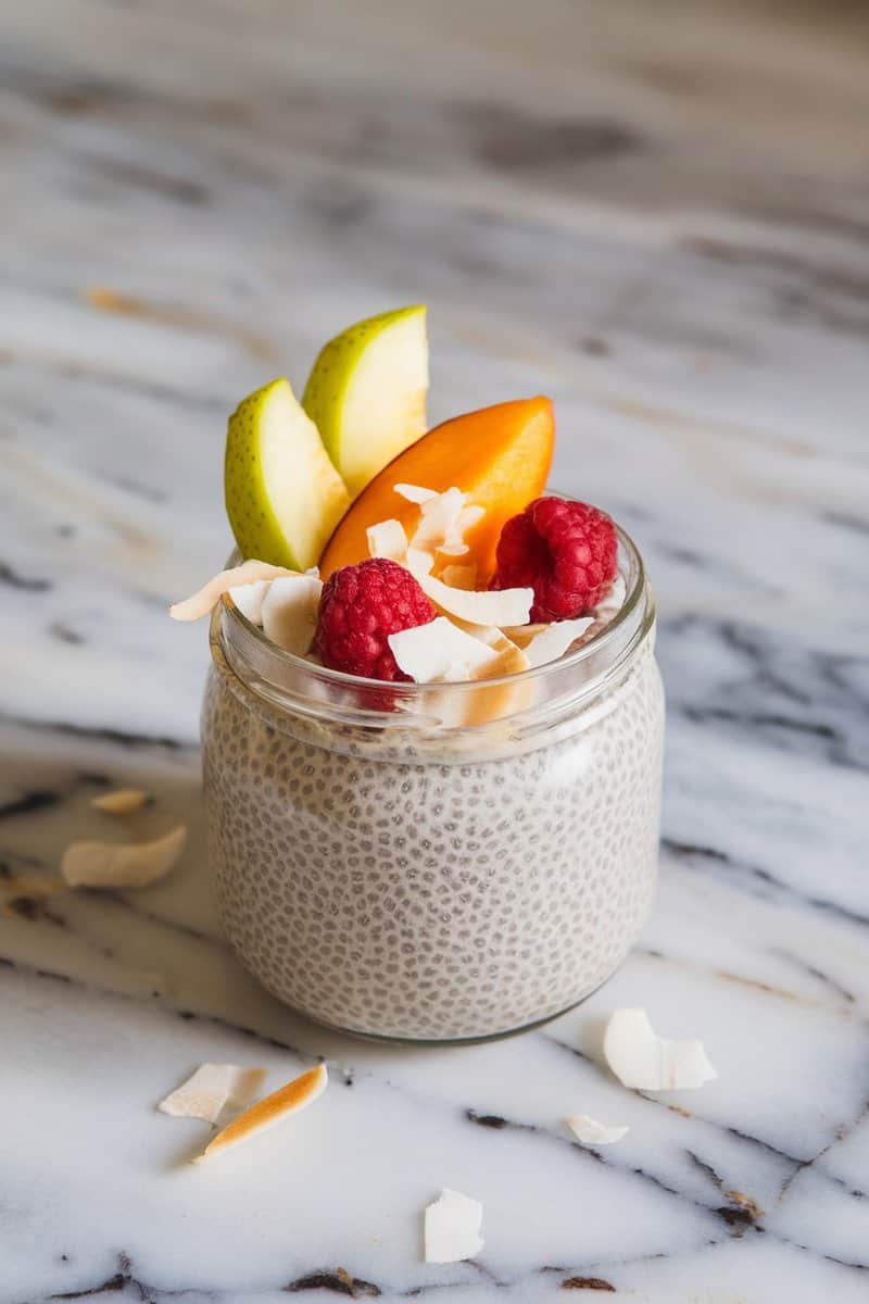 Chia seed pudding topped with fruits and coconut flakes in a jar