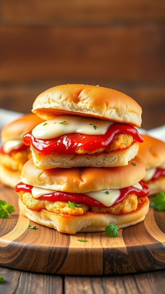 A stack of chicken parmesan sliders with marinara sauce and melted cheese on soft buns.