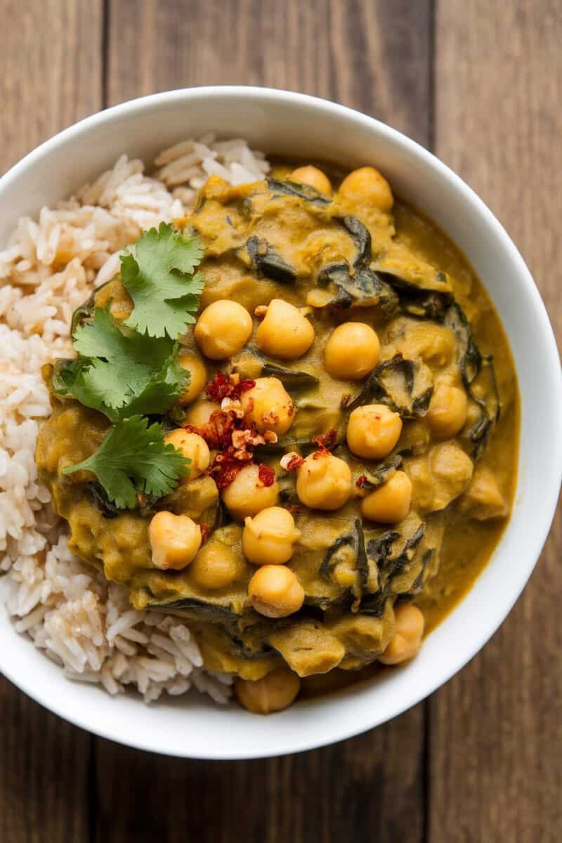 A bowl of chickpea and spinach curry served with brown rice and garnished with cilantro.