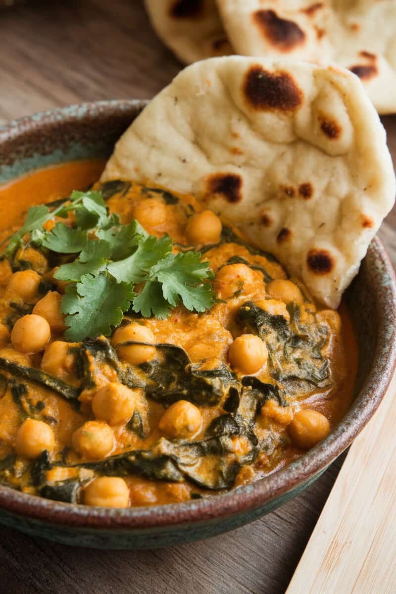 A bowl of Chickpea and Spinach Curry with naan bread on the side.