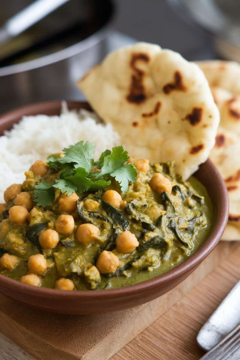 A bowl of chickpea and spinach curry served with rice and naan, garnished with cilantro.