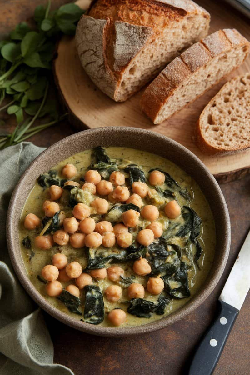 Chickpea and spinach stew served in a bowl with slices of bread on the side.